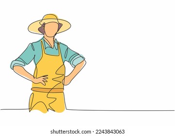 Single one line drawing of young male farmer wearing farming cloth with straw hat. Professional work profession and occupation minimal concept. Continuous line draw design graphic vector illustration
