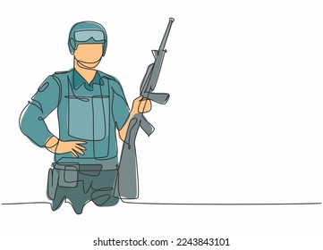 Dibujo de una sola línea de un joven soldado sosteniendo un arma de rifa. La profesión de trabajo profesional y el concepto mínimo de ocupación. Ilustración gráfica de diseño de trazos de línea continua