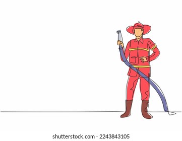Single one line drawing of young fireman pose standing and holding water nozzle. Professional work profession and occupation minimal concept. Continuous line draw design graphic vector illustration