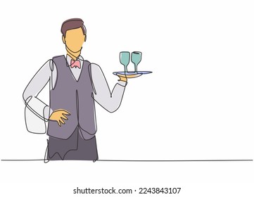 Single one line drawing of young waiter man holding metal tray with glass to serve. Professional work profession and occupation minimal concept. Continuous line draw design graphic vector illustration