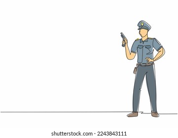 Single one line drawing young policeman pose standing while holding automatic hand gun. Professional work profession occupation minimal concept. Continuous line draw design graphic vector illustration