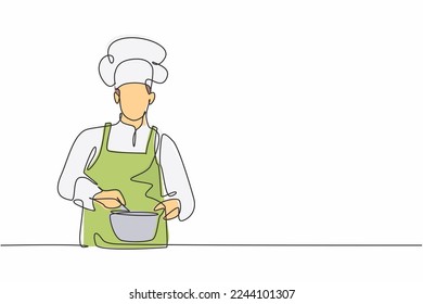 Dibujo de una sola línea de un joven y apuesto chef que prepara sopa en la sartén para mezclar el condimento. Alimentación vegetal ecológica saludable plantilla moderna ilustración vectorial dibujada a mano estilo minimalismo