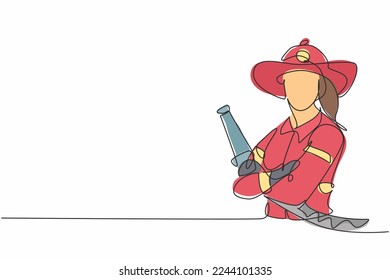 Single one line drawing of young female firefighter holding water nozzle. Professional work profession and occupation minimal concept. Continuous line draw design graphic vector illustration