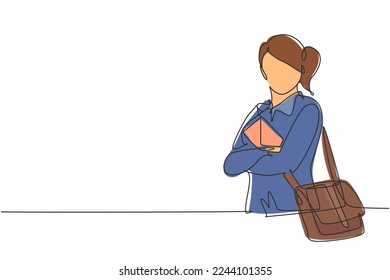 Single one line drawing of young postwoman holding letter and pose cross arms. Professional work profession and occupation minimal concept. Continuous line draw design graphic vector illustration