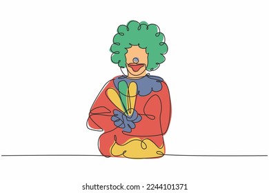 Single one line drawing of young funny male clown pose cross arm on chest. Professional work profession and occupation minimal concept. Continuous line draw design graphic vector illustration