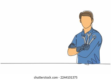 Single one line drawing of young male mechanic posing cross arm on chest. Professional work profession and occupation minimal concept. Continuous line draw design graphic vector illustration