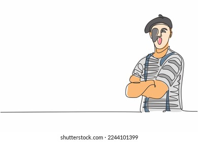 Single one line drawing of young male mime artist with stripped shirt pose cross arm on chest. Professional work and occupation minimal concept. Continuous line draw design graphic vector illustration