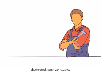 Single one line drawing young male carpenter cross arm on chest and holding hammer. Professional work profession and occupation minimal concept. Continuous line draw design graphic vector illustration