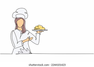 Dibujo de una sola línea joven y feliz chef de belleza da buen gusto mientras sirve el plato principal en el restaurante. Delicioso sabor de comida moderna en una línea ilustración vectorial minimalismo dibujado a mano