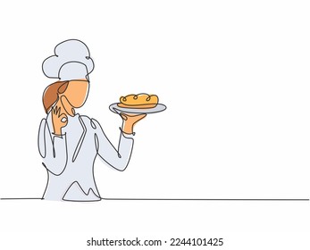 Single one line drawing young happy beauty female chef give tasting good gesture while serving main dish at restaurant. Delicious food taste trendy one line hand drawn vector illustration minimalism