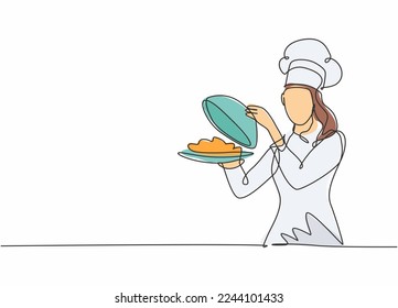 Einzelne Linie, die junge attraktive weibliche Chefkoch, die köstliche Küche im Restaurant serviert. Moderne Schablonenschablone mit einem handgezeichneten Vektorgrafik-Minimalismus