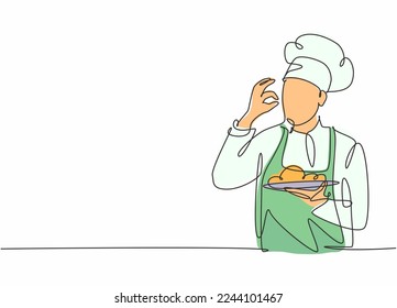 Single one line drawing of young attractive male chef making excellent taste gesture to delicious main dish meal he served. Hotel restaurant trendy one line hand drawn vector illustration minimalism