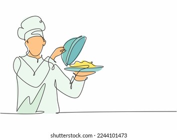 Dibujo de una sola línea del joven y atractivo chef de sexo masculino que sirve deliciosa cocina en el restaurante. Estilo minimalista de ilustración de vector dibujado a mano de una línea de plantilla moderna de la bandeja de sujeción y apertura