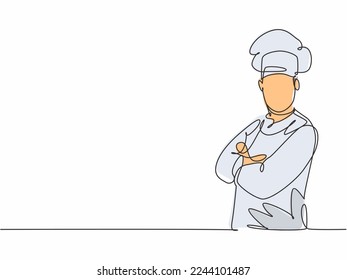 Single one line drawing of young attractive man chef posing stand elegantly with arm crossed on chest. Excellent hotel restaurant service trendy one line hand drawn vector illustration minimalism
