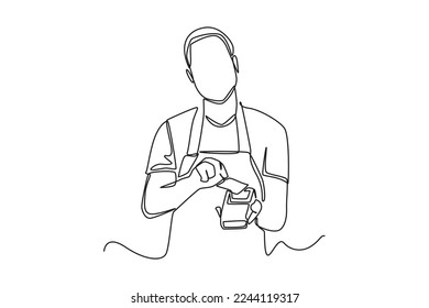 Single one line drawing Young man barista in coffee shop using wireless bank payment terminal for transactions. Cashless payment concept. Continuous line draw design graphic vector illustration.