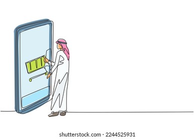 Dibujo de una sola línea de un joven árabe comprando a través de la pantalla de un smartphone con carro de la compra. E-commerce, concepto de estilo de vida digital. Ilustración de líneas continuas moderna de diseño gráfico vectorial
