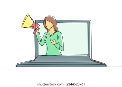 Single one line drawing young woman coming out of laptop screen holding megaphone. Offering product with discounts or sale. Marketing concept. Continuous line draw design graphic vector illustration