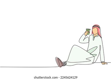 Single one line drawing young Arabian man sitting relaxed in the park enjoying a cup of hot coffee and fresh natural scenery. Happy lifestyle. Continuous line draw design graphic vector illustration