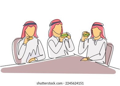 Eine einzige Linie, die junge arabische Männer zusammenzieht. Freunde essen im Restaurant schnelle Mahlzeiten. Menschen, die Hamburger essen und sitzen. Grafische Vektorgrafik für kontinuierliche Zeilenzeichnung