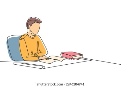 Single one line drawing young man reading, learning and sitting on chair around table. Study in library. Intelligent student, education concept. Continuous line draw design graphic vector illustration