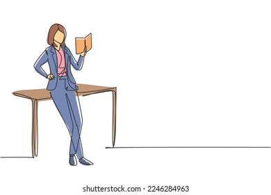 Single one line drawing young woman reading, learning and standing around table. Study in library. Intelligent student, education concept, fair. Continuous line draw design graphic vector illustration