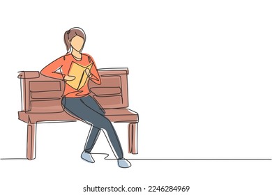 Single one line drawing young female reading, learning and sitting on park chair. Literature lovers. Smart student, education concept. Modern continuous line draw design graphic vector illustration