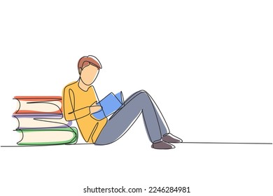 Single one line drawing young man reading, learning and backrest on big books. Study in library. Literature fans, education concept. Modern continuous line draw design graphic vector illustration