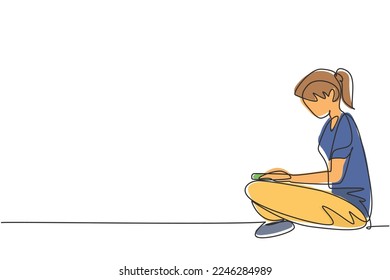 Una sola línea dibujando a una joven leyendo, aprendiendo y sentada en el suelo. Estudiar en la biblioteca. Estudiante inteligente, concepto educativo. Ilustración de líneas continuas moderna de diseño gráfico vectorial