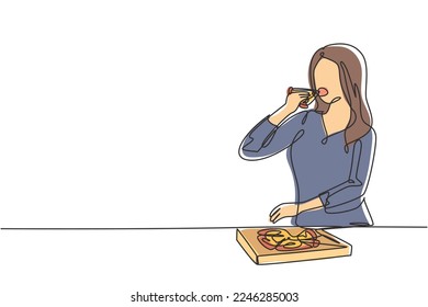Single one line drawing young woman having spaghetti meal with fork. Happy and enjoy lunch at restaurant. Delicious and healthy food. Modern continuous line draw design graphic vector illustration