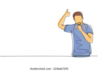 Single one line drawing young man wearing jersey biting his medal after winning world sports competition. Unforgettable moment of victory. Continuous line draw design graphic vector illustration