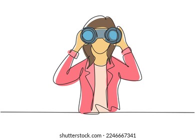 Single one line drawing young business woman looking through binoculars searching for job. Find all opportunities in the world of suitable jobs. Continuous line draw design graphic vector illustration