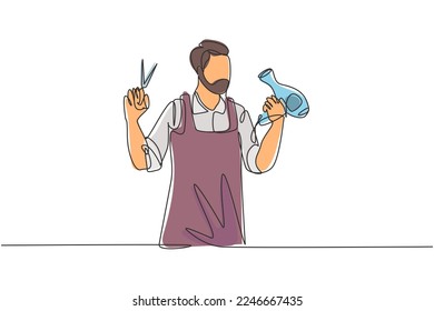 Single one line drawing young man barber masculine with hair dryer and scissors ready to service client. Hairstylist gentleman concept. Modern continuous line draw design graphic vector illustration
