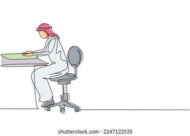 Single one line drawing young Arab male reading, learning and sitting on chair around table. Study in library. Smart student, education. Modern continuous line draw design graphic vector illustration