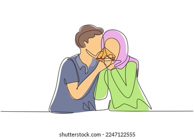 Single one line drawing young Arabian couple sharing pizza cut. Celebrate anniversaries and enjoy romantic lunch at modern restaurant. Modern continuous line draw design graphic vector illustration