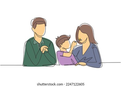 Single one line drawing young family having fun together in modern restaurant. Boy feeds his mother with love. Happy little family concept. Continuous line draw design graphic vector illustration