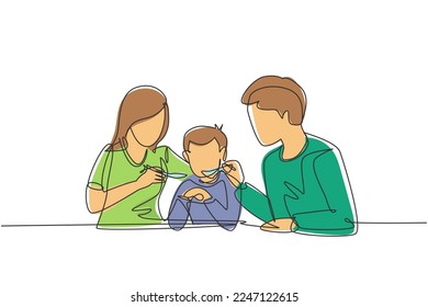Single one line drawing young family having fun together in restaurant. Parents feeds they boy with love. Happy little family concept. Modern continuous line draw design graphic vector illustration