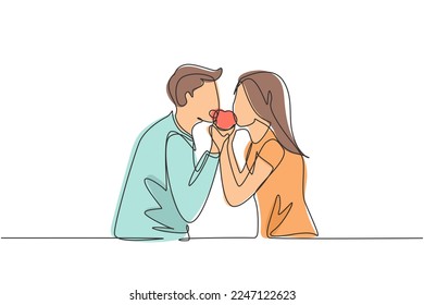 Single one line drawing young beautiful couple sharing apple. Celebrate wedding anniversaries and enjoy romantic lunch at restaurant. Modern continuous line draw design graphic vector illustration