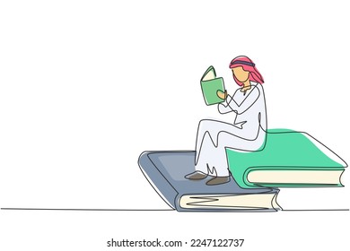 Single one line drawing young Arab student male reading, learning and sitting on big books. Study in library. Literature fans or lovers. Modern continuous line draw design graphic vector illustration