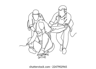 Single one line drawing Young woman laughing and sitting on a skateboard being pushed by her friends from behind. Hangouts With Friends concept. Continuous line draw design graphic vector illustration