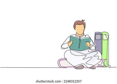 Single one line drawing young Arabian male reading, learning and sitting on big books. Study in library. Literature fans or lovers. Modern continuous line draw design graphic vector illustration