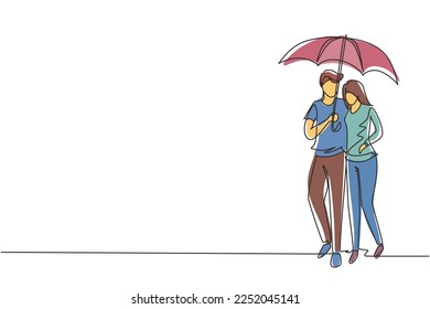 Single one line drawing young couple man woman, girl and boy walking holding umbrella under rain smiling hugging. Romantic couple at rainy autumn weather. Continuous line draw design graphic vector