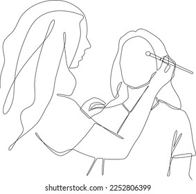 Single one line drawing Young beautiful woman applied makeup by make up artist in make up room. Cosmetology activity concept. Continuous line draw design graphic vector illustration.