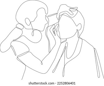 Single one line drawing Young beautiful woman applied makeup by make up artist in make up room. Cosmetology activity concept. Continuous line draw design graphic vector illustration.