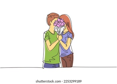 Single one line drawing young couple hugging and kissing behind bouquet of flowers. Happy man and woman celebrating wedding anniversary. Modern continuous line draw design graphic vector illustration