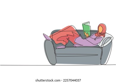 Single one line drawing young Arab woman laying on sofa, reading book at home. Female reading book. Self education, distance studying, relaxing concept. Continuous line draw design vector illustration