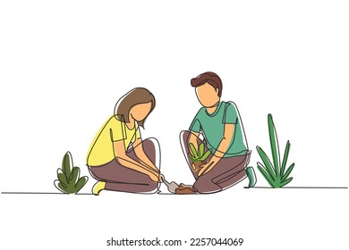 Single one line drawing young man woman are planting tree  Gardening  garden tools  spring  stalk  Couple plants seedling  Girl helps man plant young tree  Continuous line draw design graphic vector