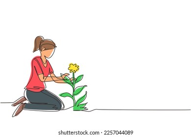 Eine einzige Linie, die junge Frauen zeichnet, pflanzt Blumen auf dem Boden. Cute Girl pflanzt Pflanzen, Gartenarbeit, Vorbereitung zum Frühling. Hobby, Entspannungskonzept. Design-Vektorgrafik mit kontinuierlicher Linienzeichnung