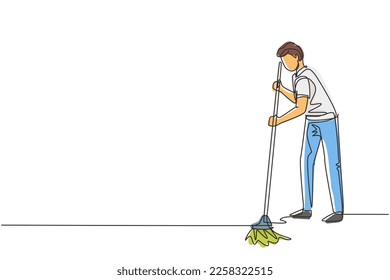 Einzelne Linie, die junge Mann Moppingboden und Reinigung drinnen. Hausreinigung, Hausarbeit oder Hausangestellte und Hausmeister. Modern-Stetig-Liniendesign, Vektorgrafik