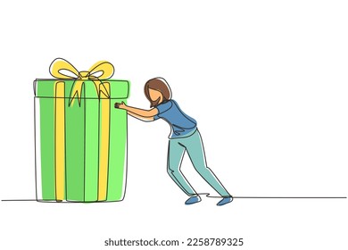 Single one line drawing young woman pushes in front of her huge gift . Giving gifts for holiday concept. Wrapped birthday gift box with bow. Present, gift, birthday. Continuous line draw design vector