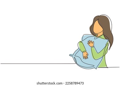 Single one line drawing young female hugs pillow. Tired girl hugging pillow. Woman in pajamas hugging pillow. Sweet dream or sleep concept. Continuous line draw design graphic vector illustration